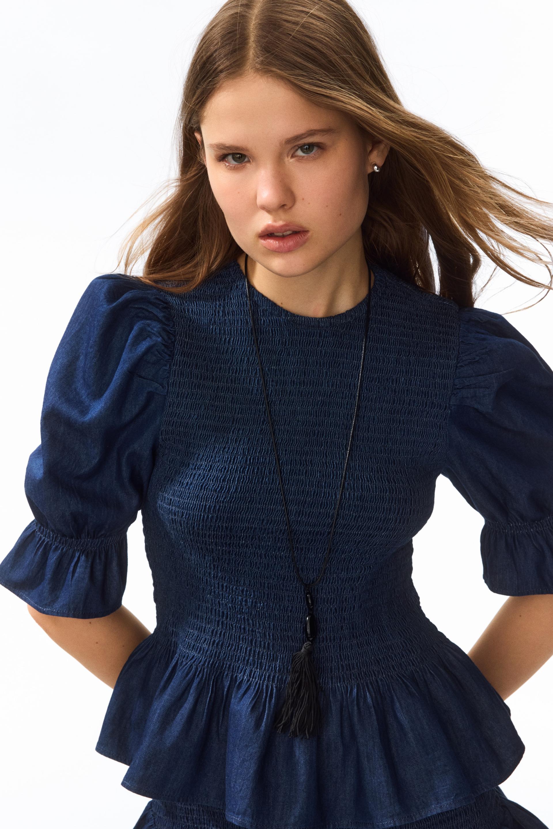 smocked denim blouse