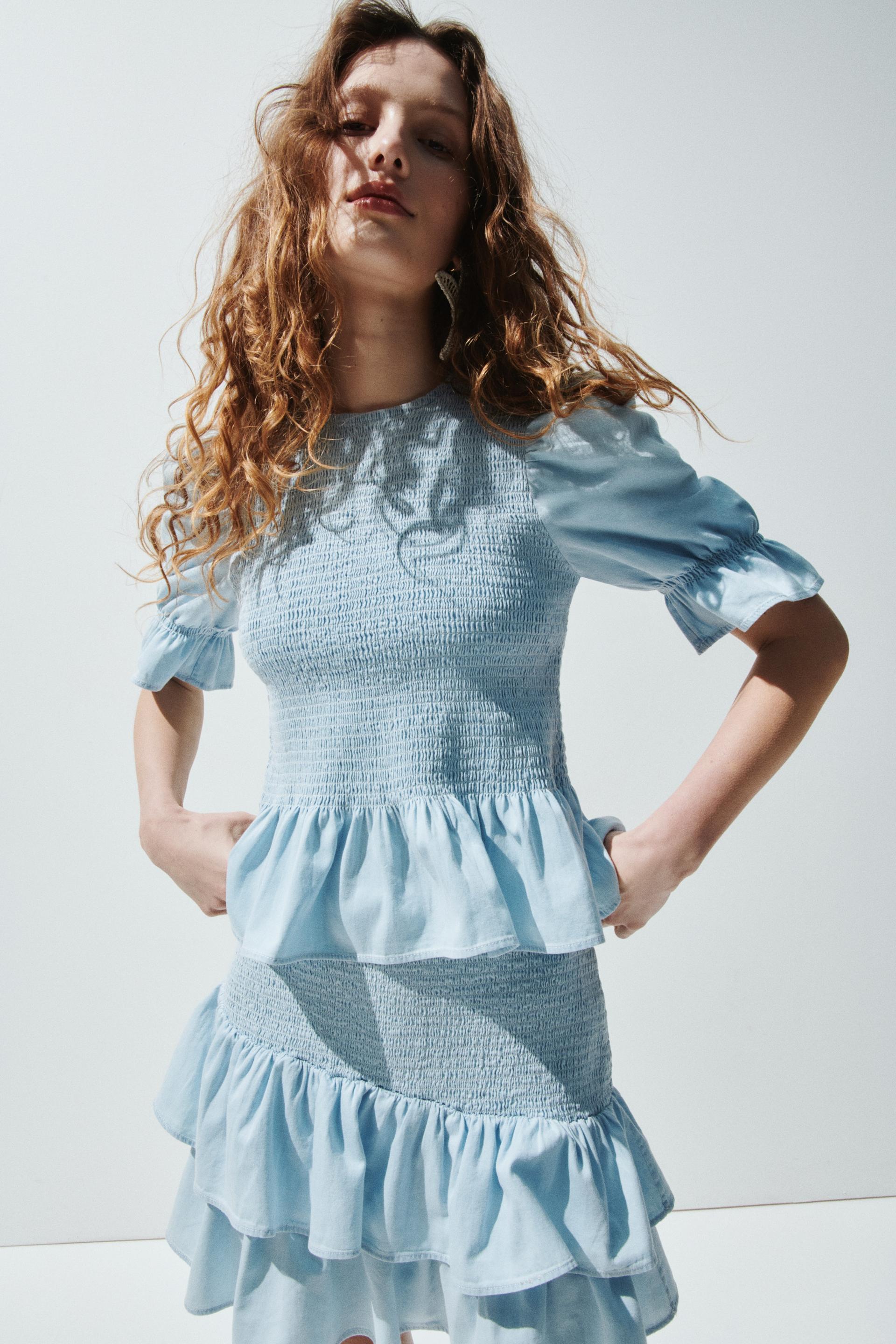 smocked denim blouse