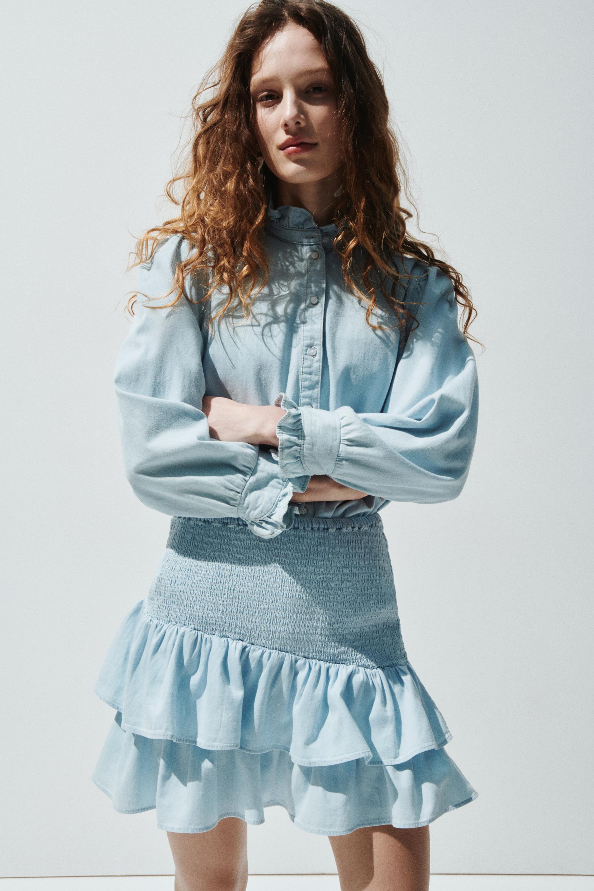 smocked denim skirt