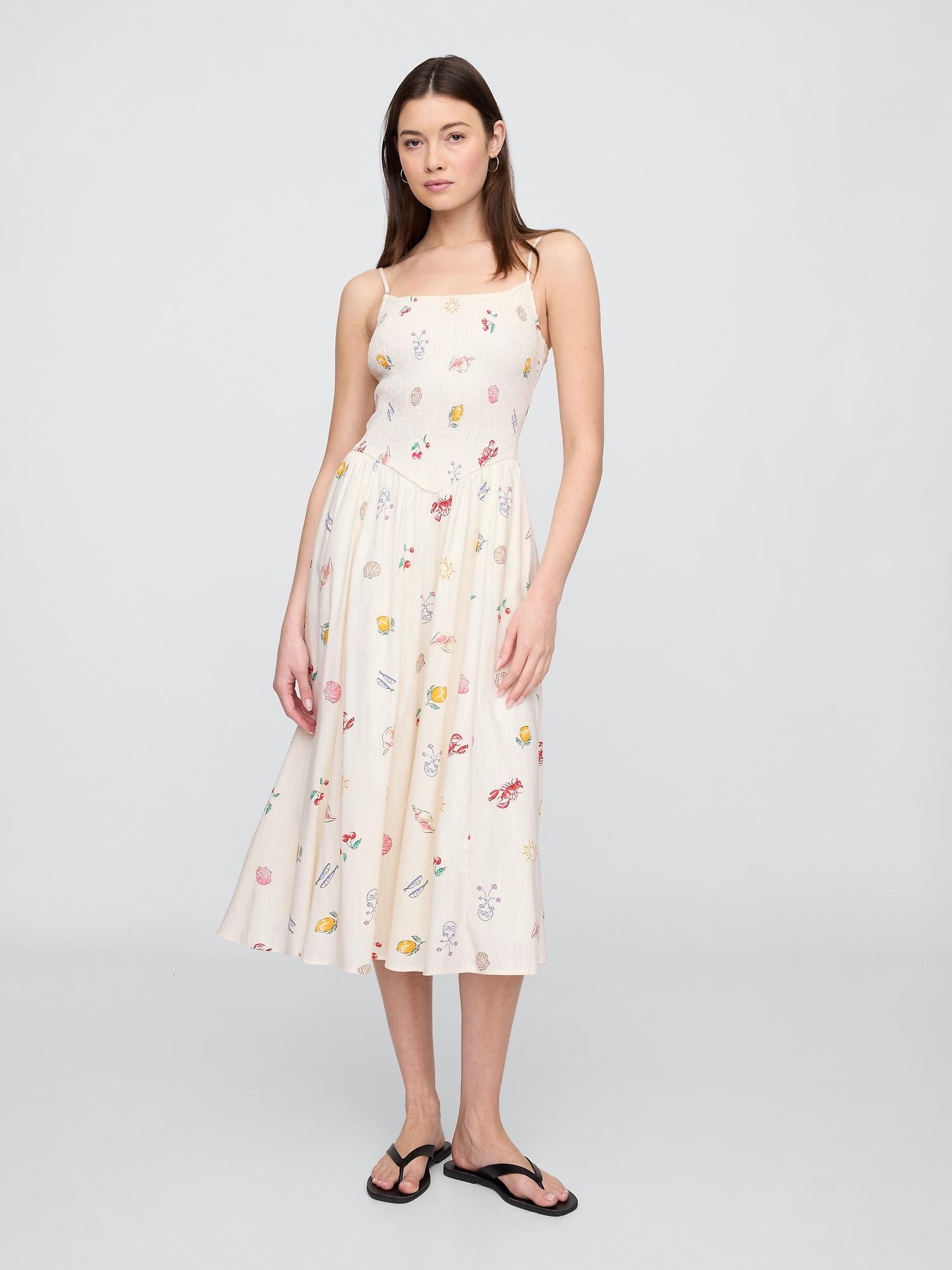 smocked dip-waist midi dress