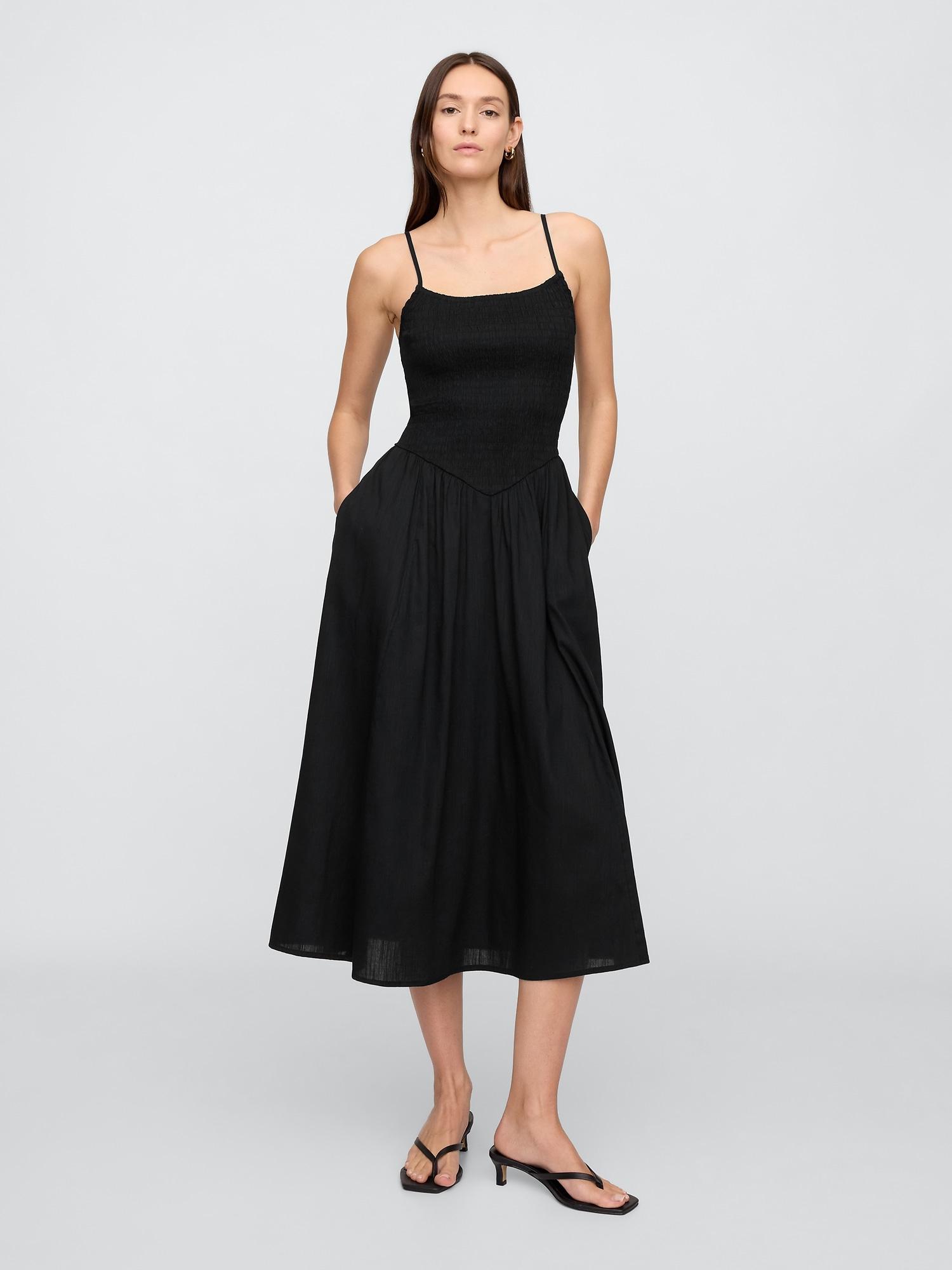 smocked dip-waist midi dress