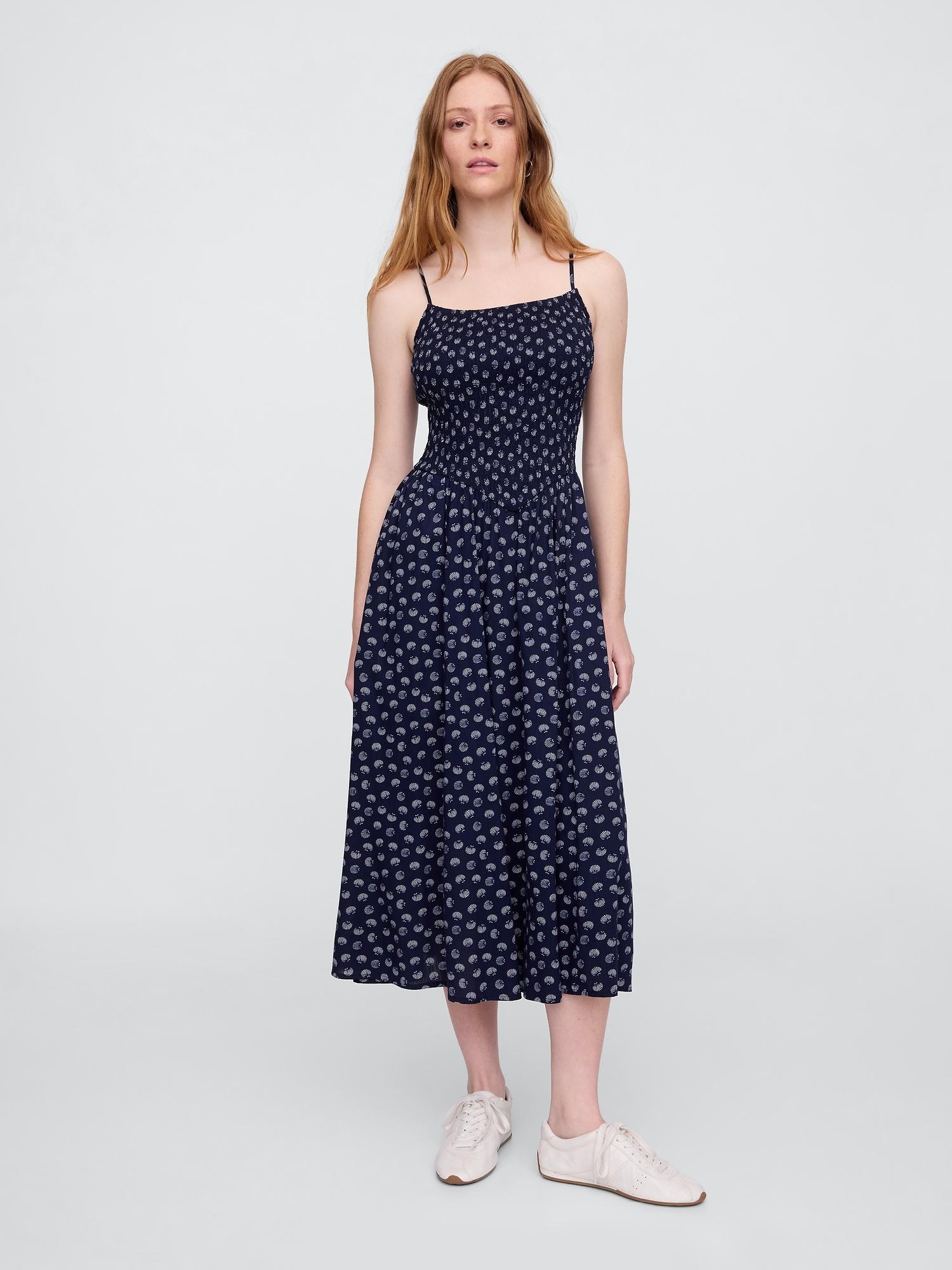 smocked dip-waist midi dress