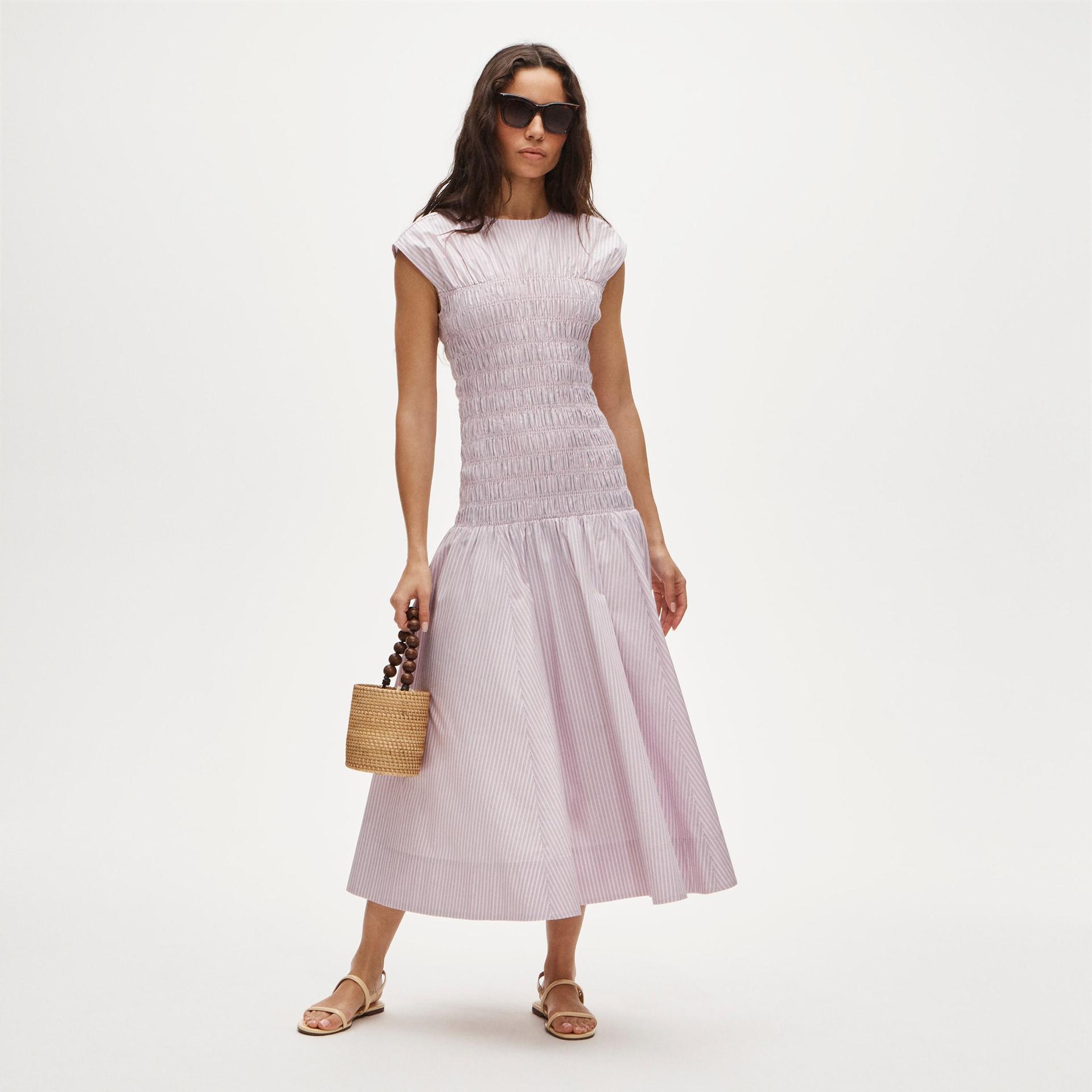 smocked dress in striped cotton poplin