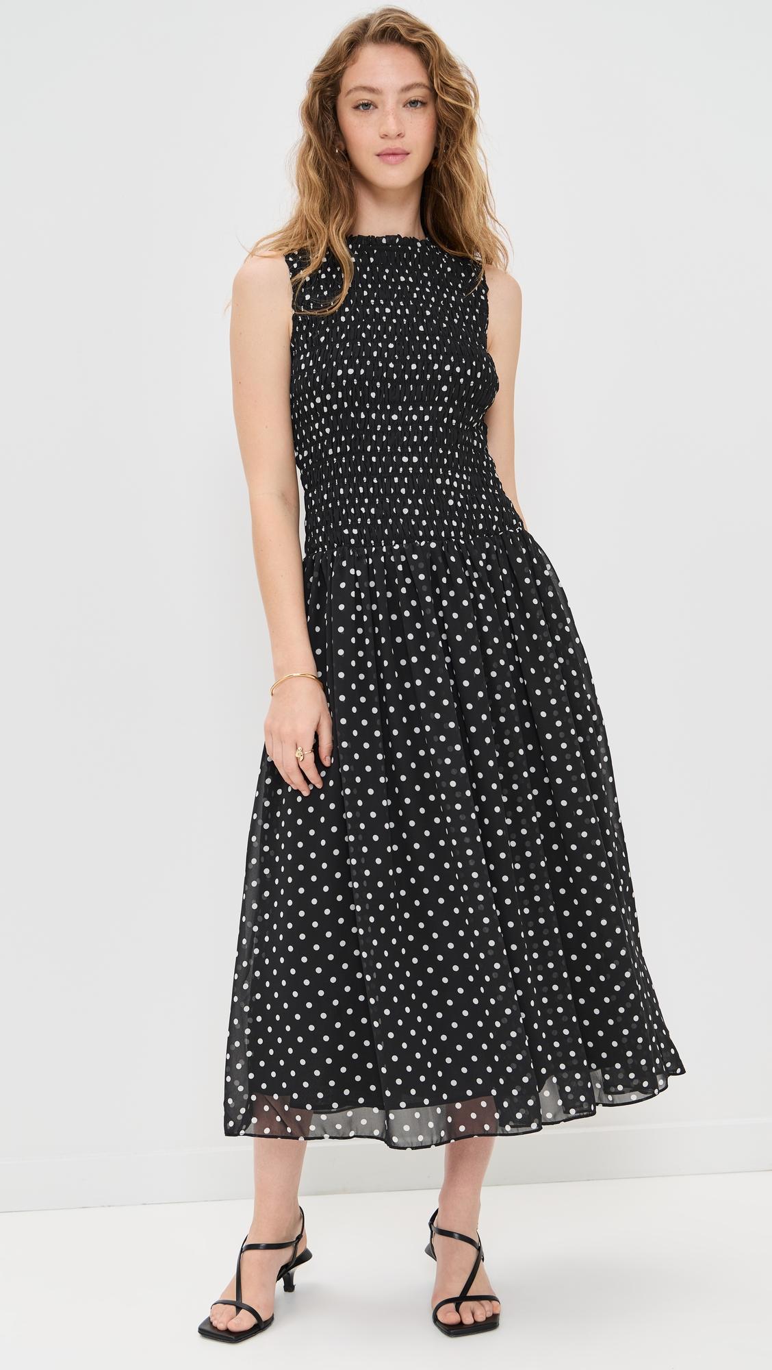 smocked drop waist polka dot maxi dress