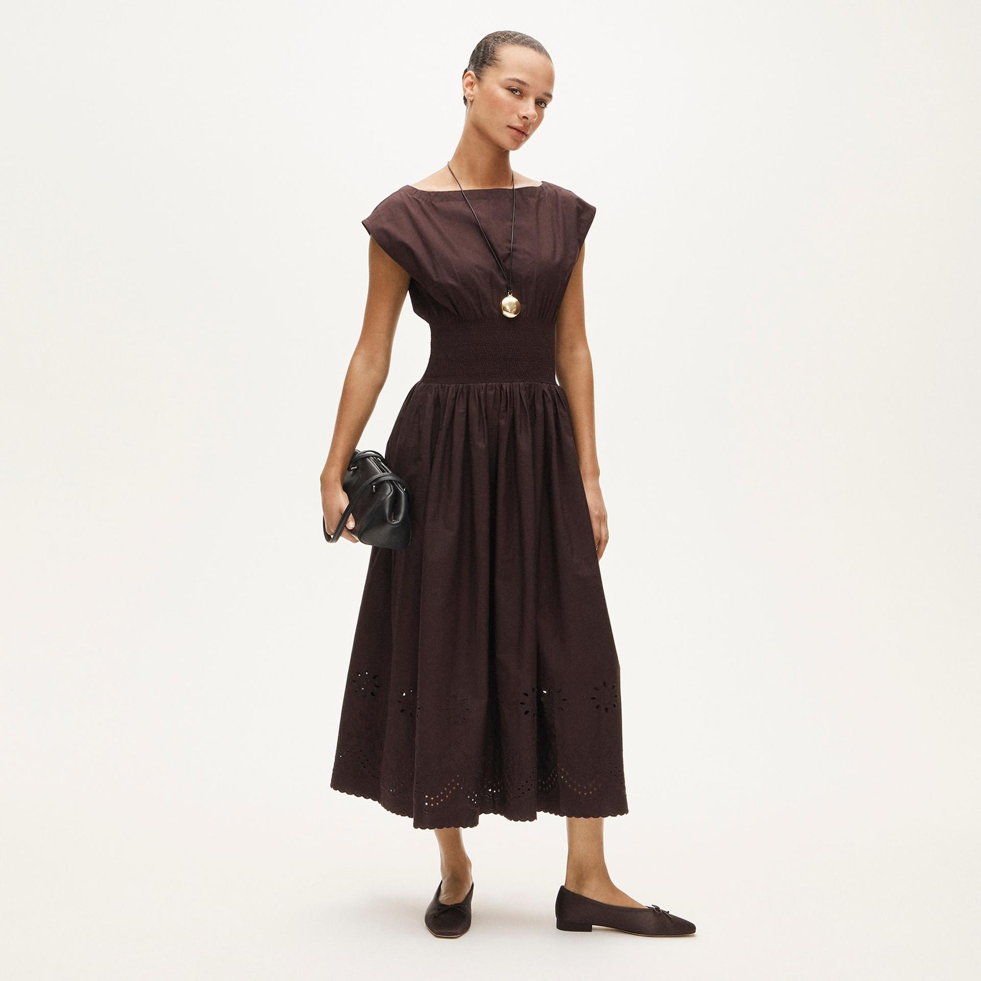 smocked eyelet-hem dress in cotton poplin