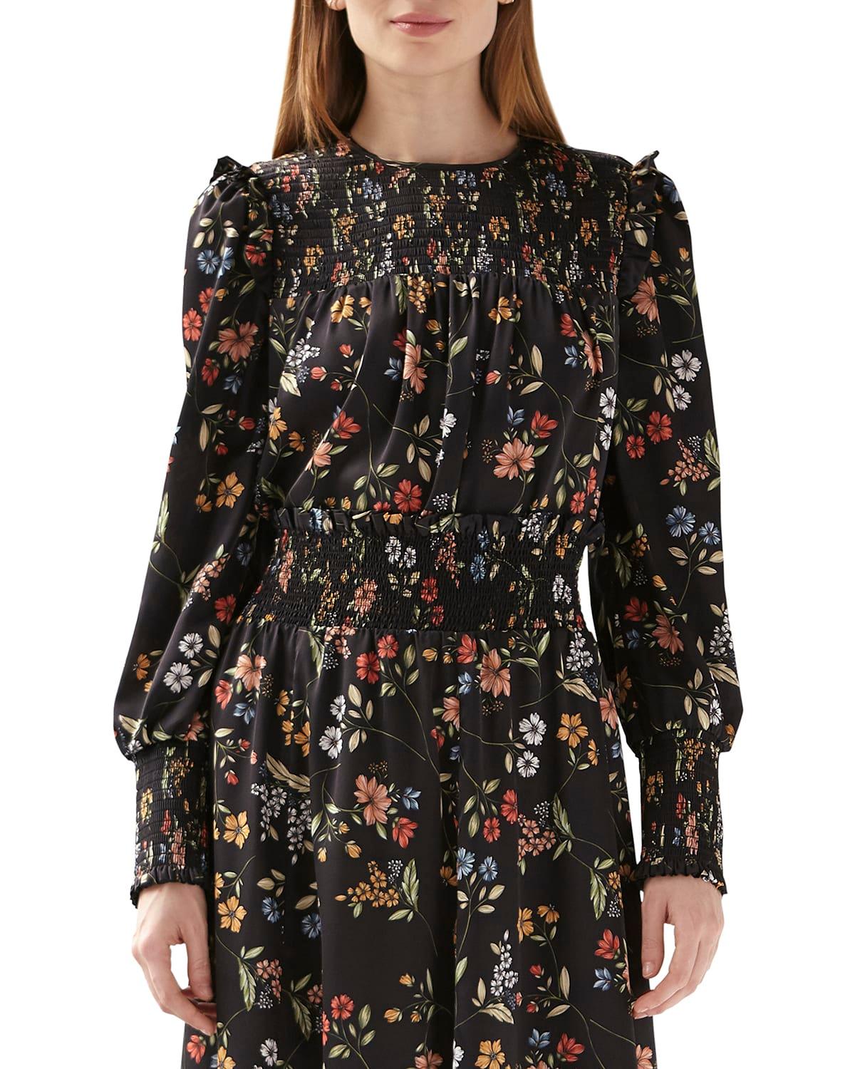 smocked floral long-sleeve top