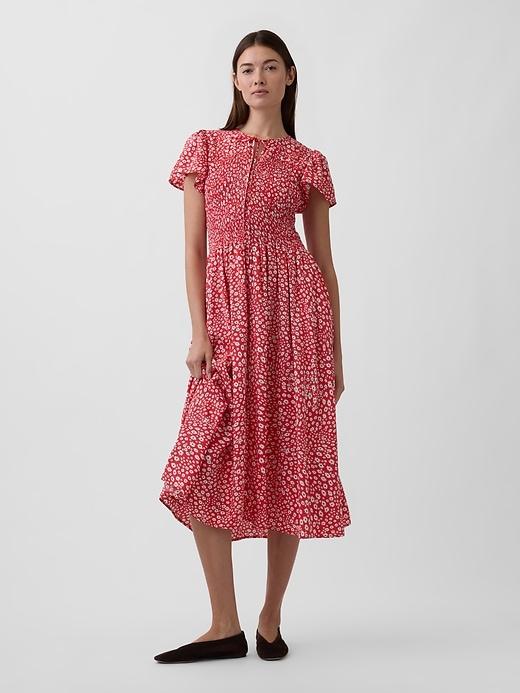 smocked flutter sleeve midi dress