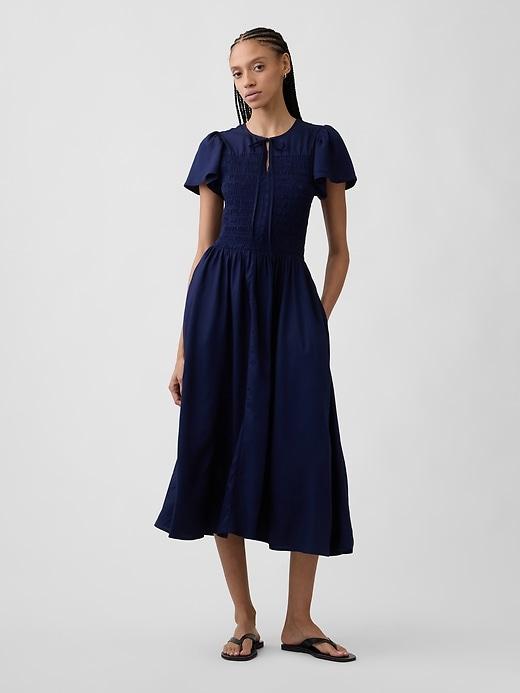 smocked flutter sleeve midi dress