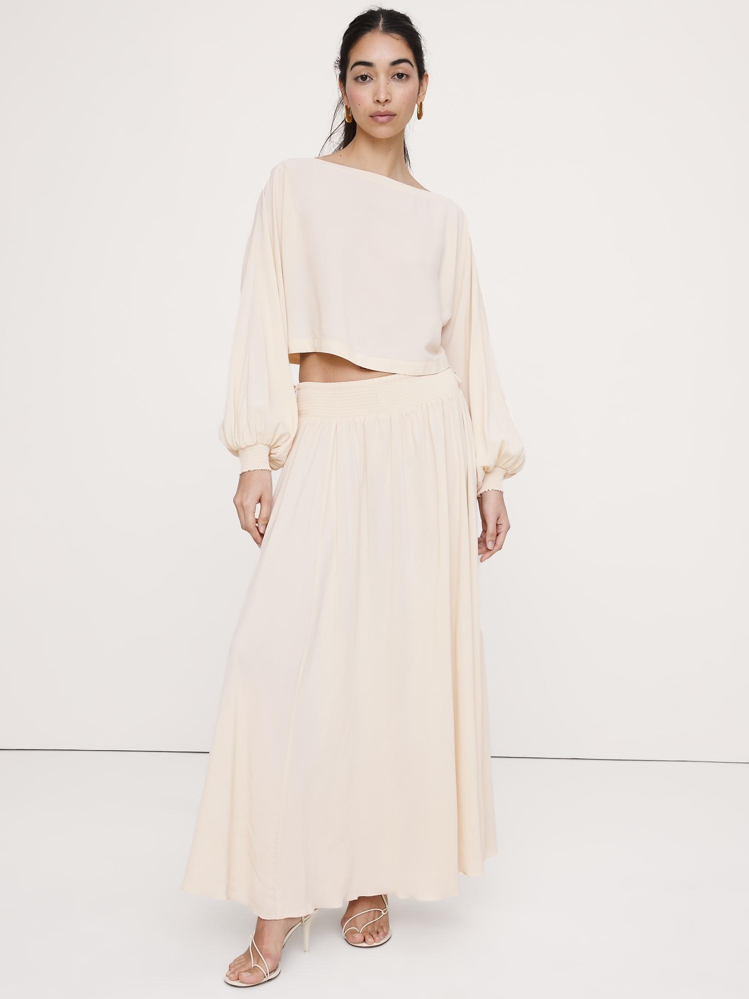 smocked georgette boatneck top