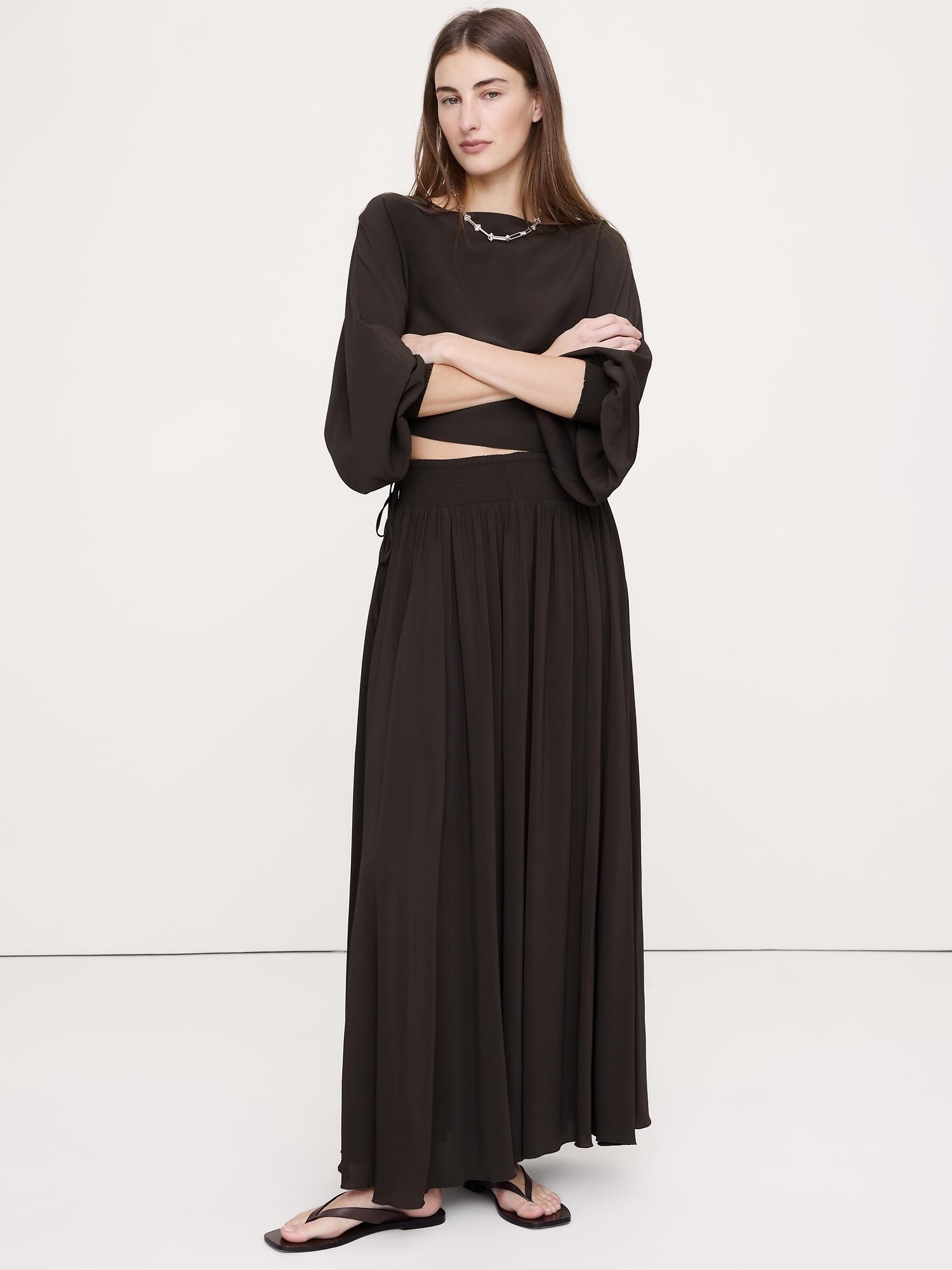 smocked georgette maxi skirt