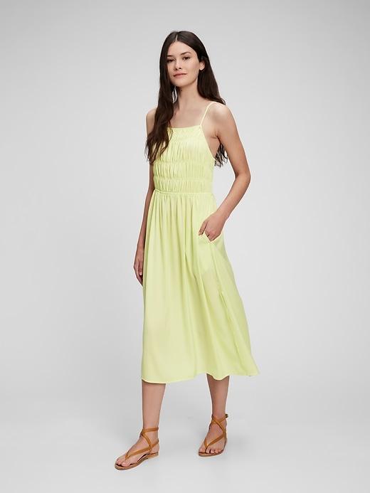 smocked halter midi dress