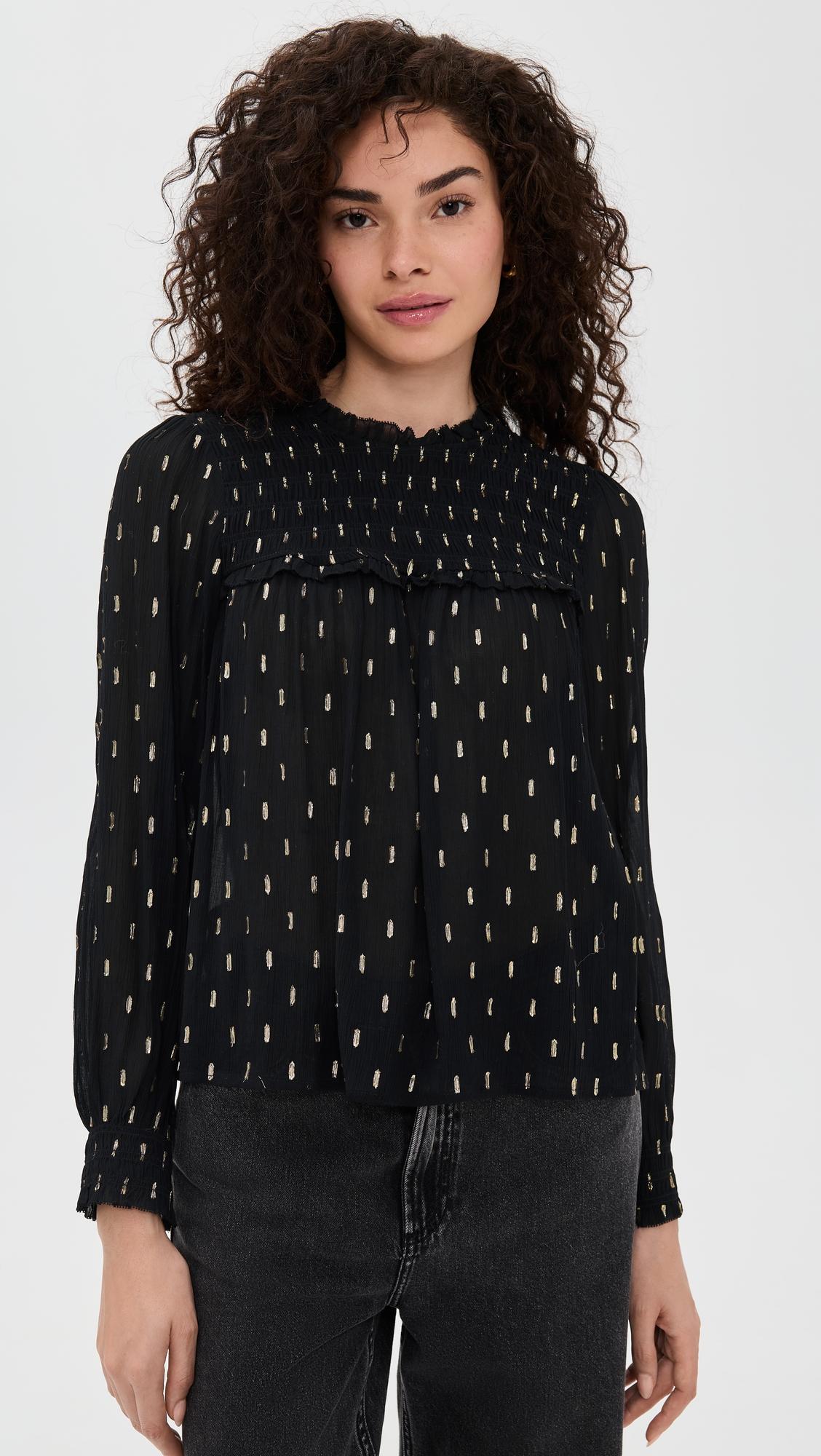 smocked high-neck long-sleeve top