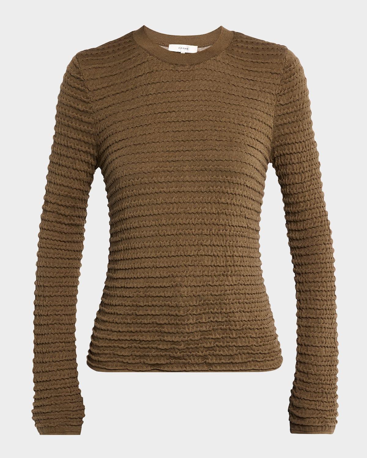 smocked long-sleeve crewneck top