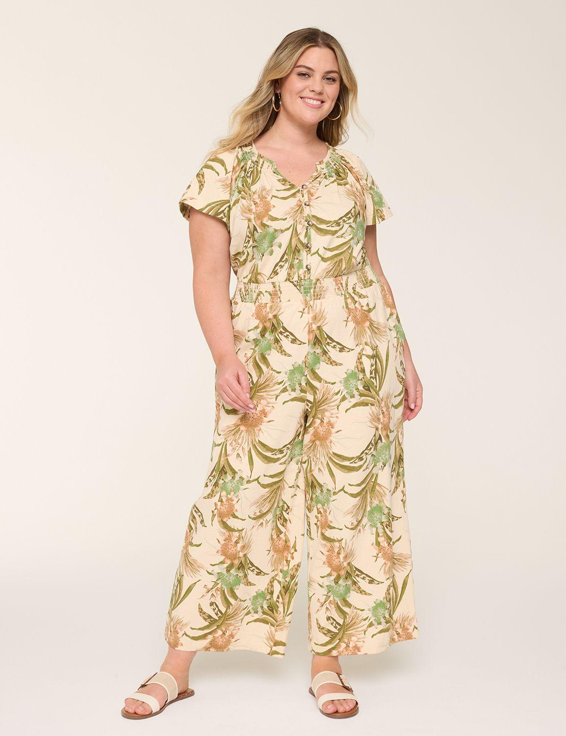 smocked-neck button-front jumpsuit