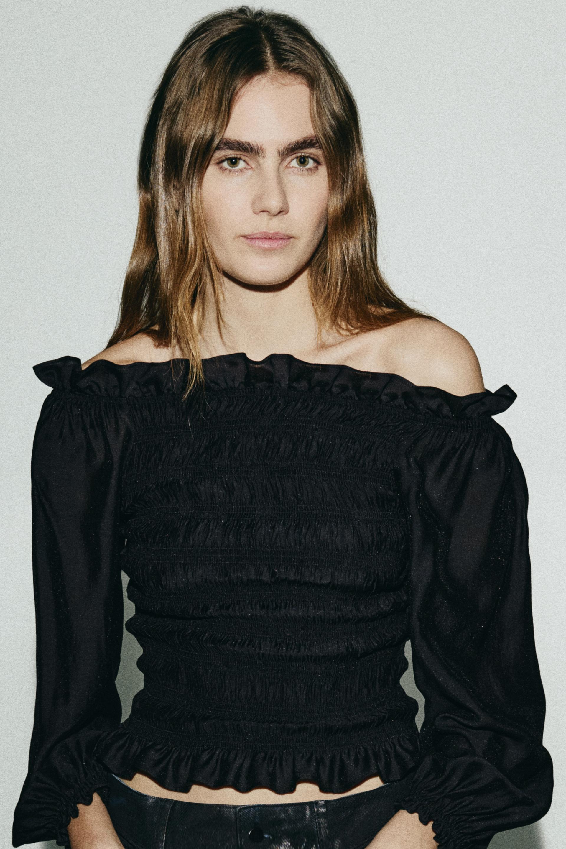 smocked off-the-shoulder blouse