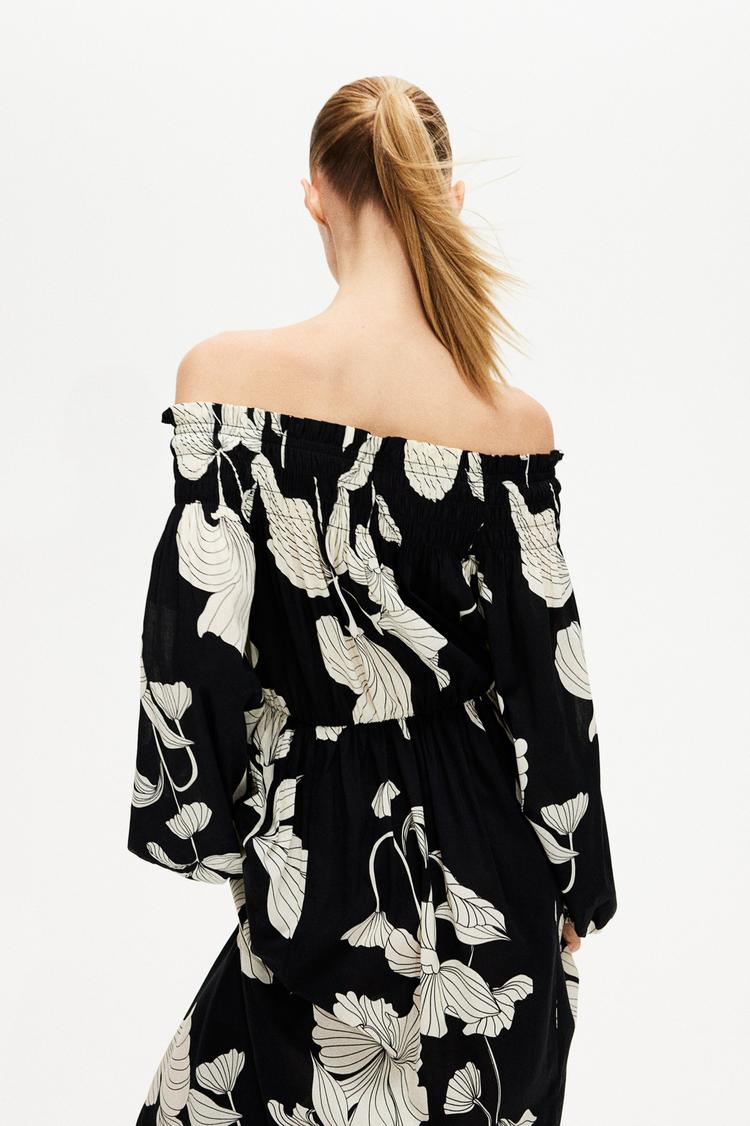smocked off-the-shoulder dress