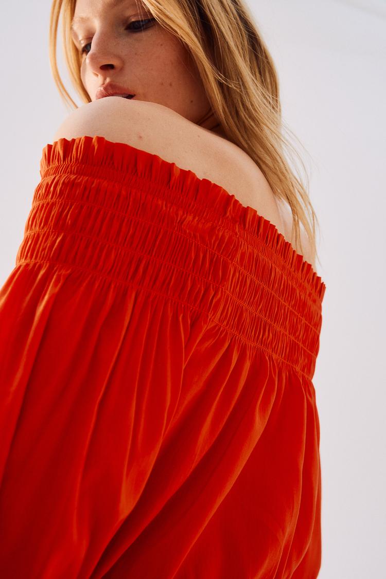 smocked off-the-shoulder dress