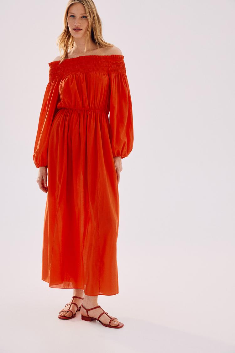 smocked off-the-shoulder dress