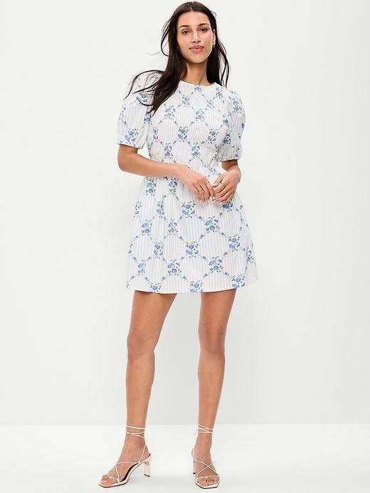 smocked puff-sleeve flare mini dress