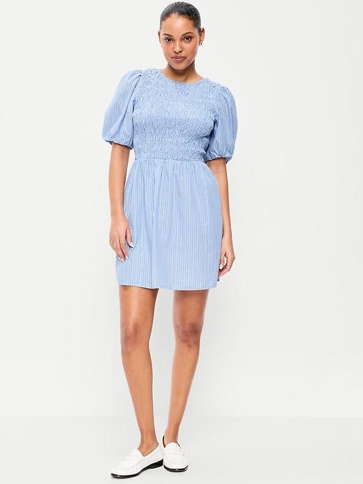 smocked puff-sleeve flare mini dress