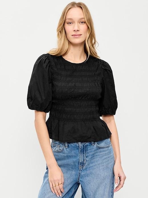 smocked puff sleeve peplum top
