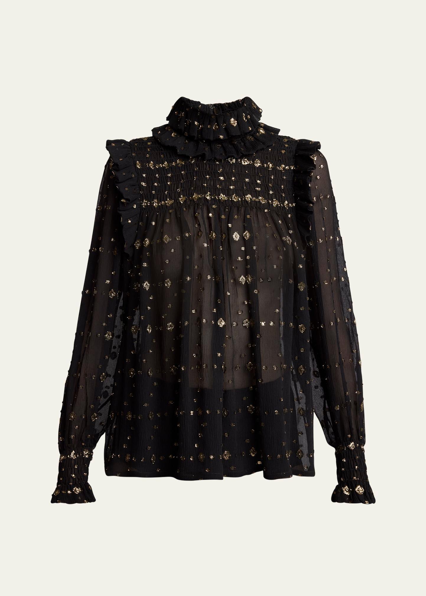 smocked sheer high neck embroidered blouse