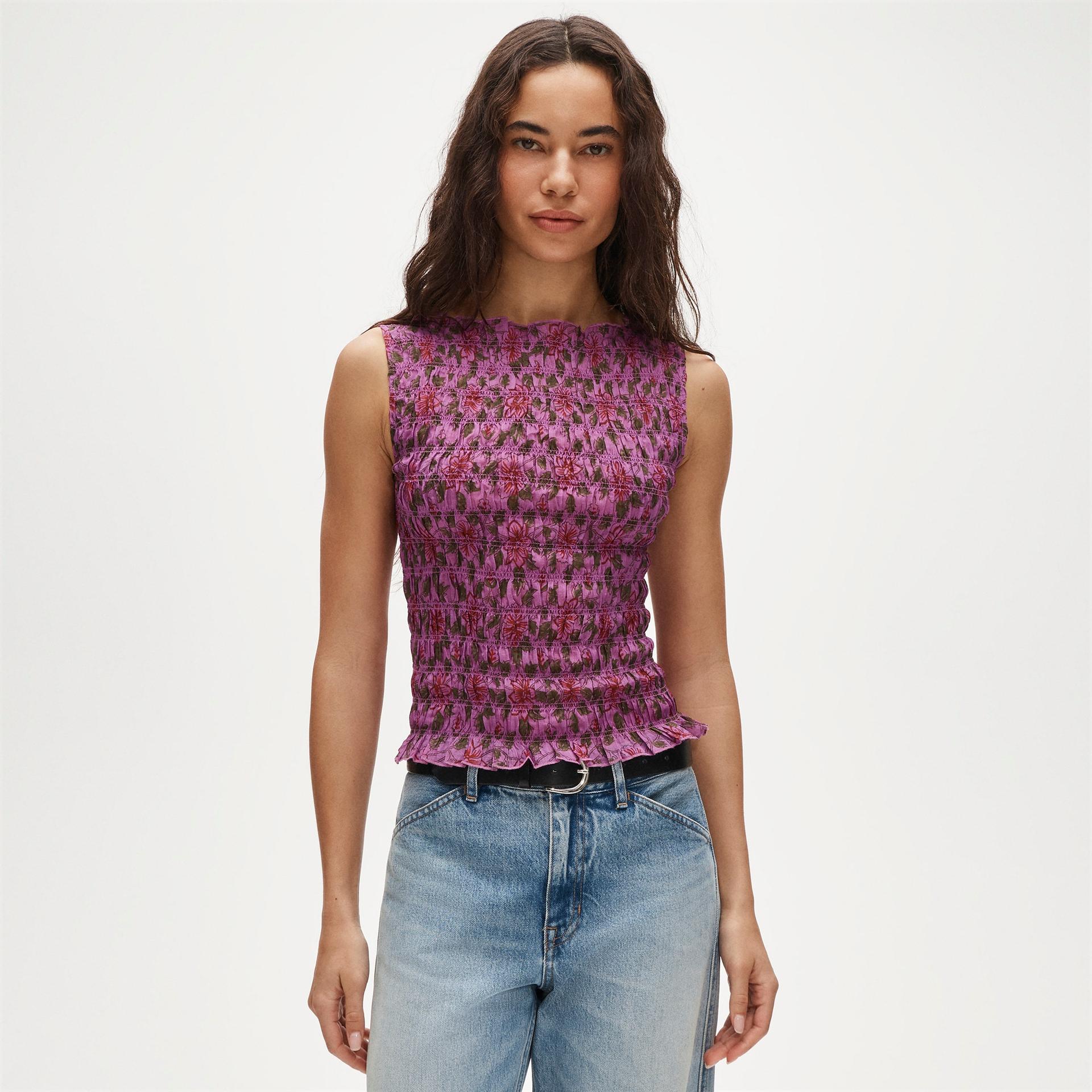 smocked shell tank top in floral-print ramie