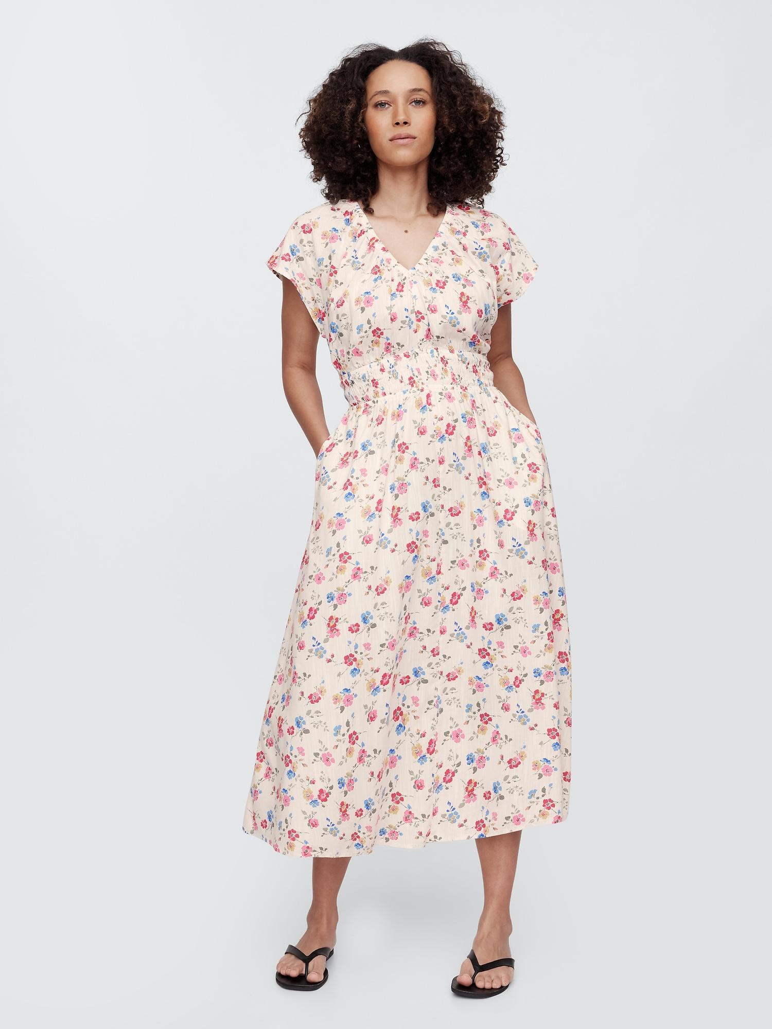 smocked v-neck maxi dress