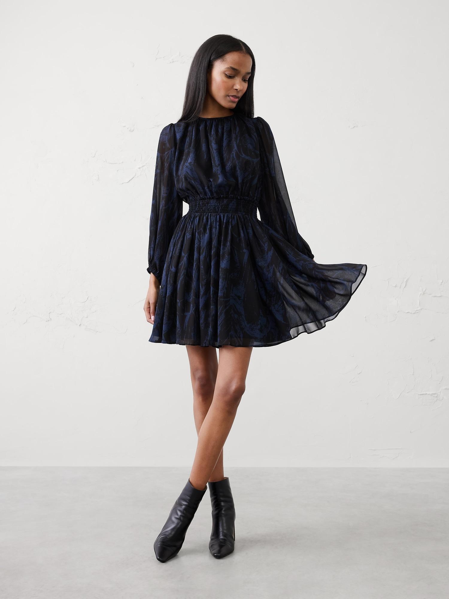smocked volume-sleeve mini fit-and-flare dress
