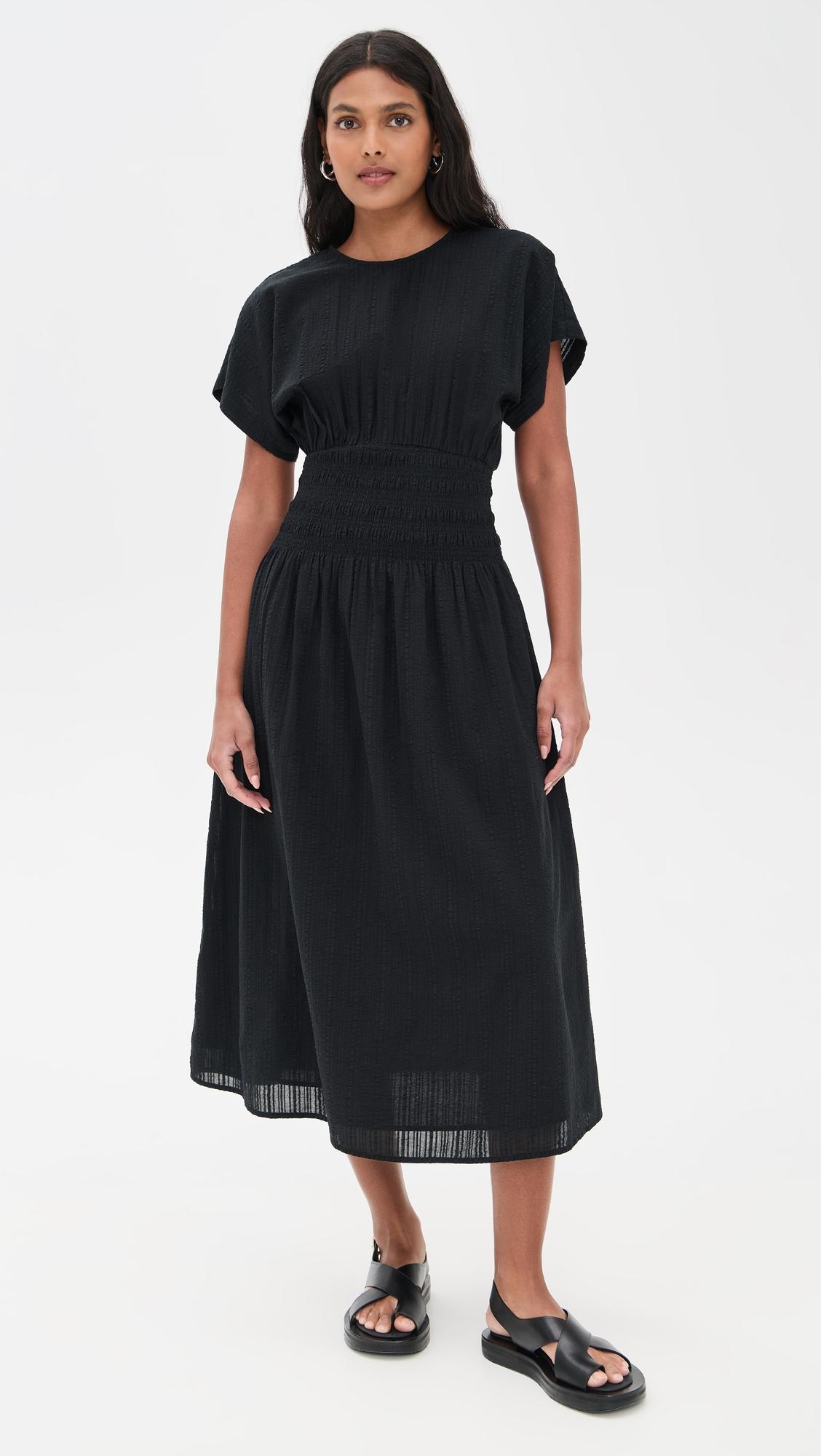 smocked-waist midi dress in seersucker