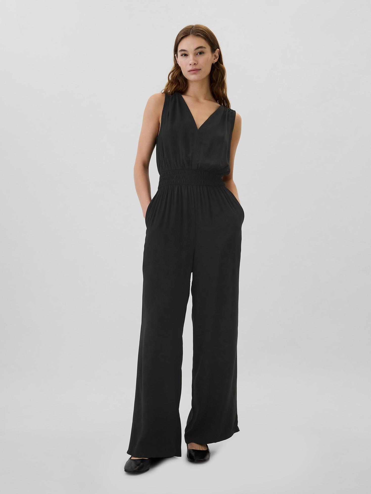 smocked wide-leg v-neck jumpsuit