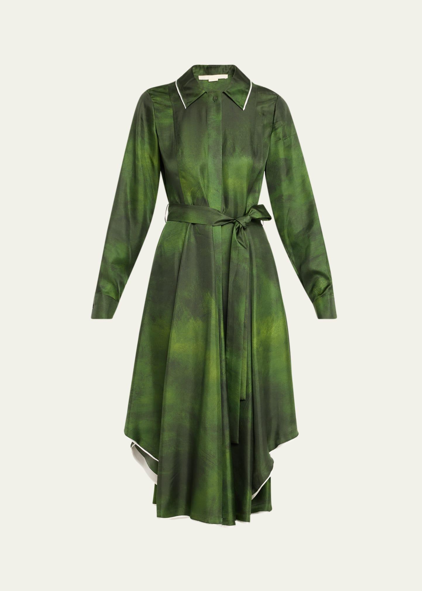 smudged canvas silk twill midi shirtdress with belt