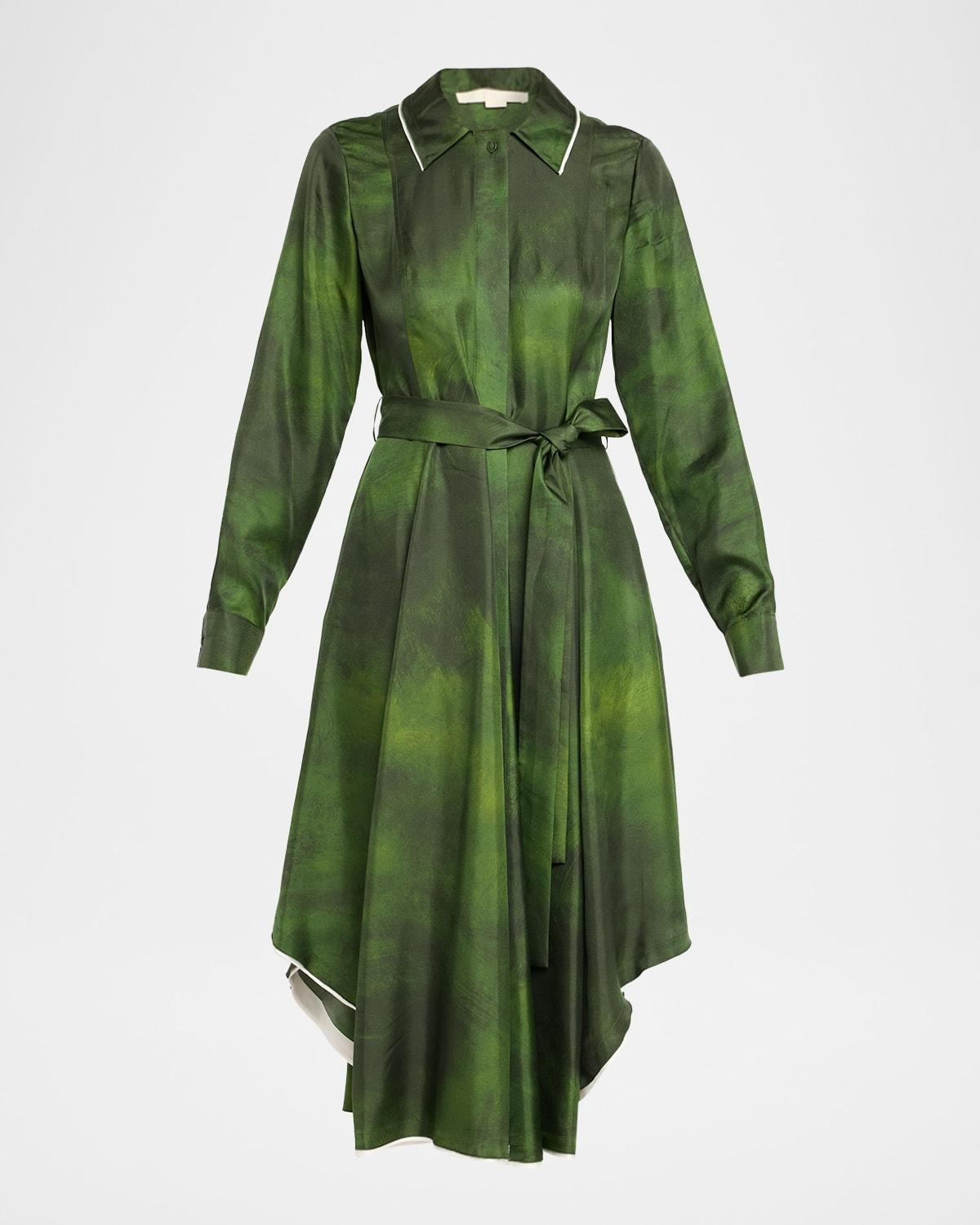 smudged canvas silk twill midi shirtdress with belt