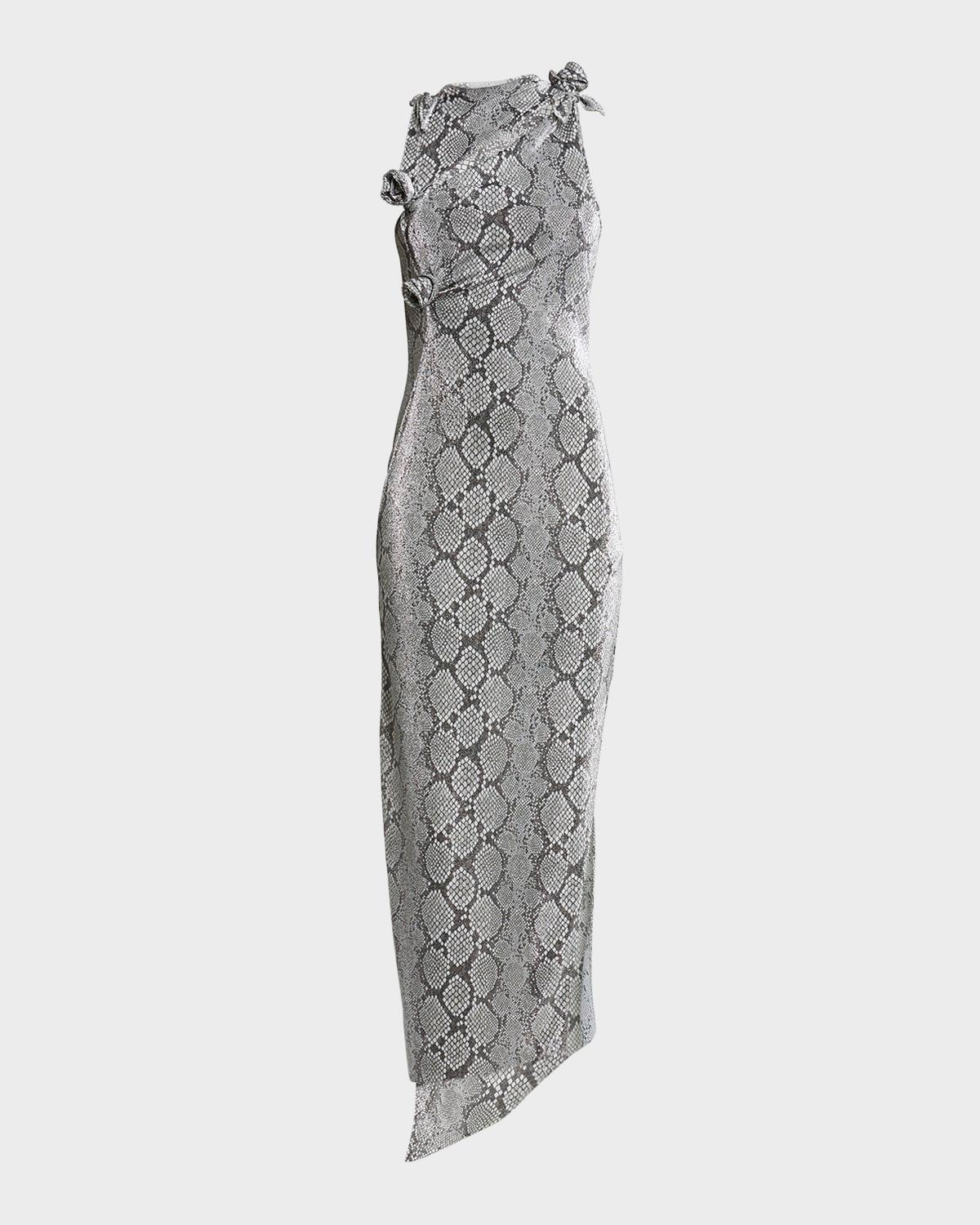 snake-print asymmetric flower gown
