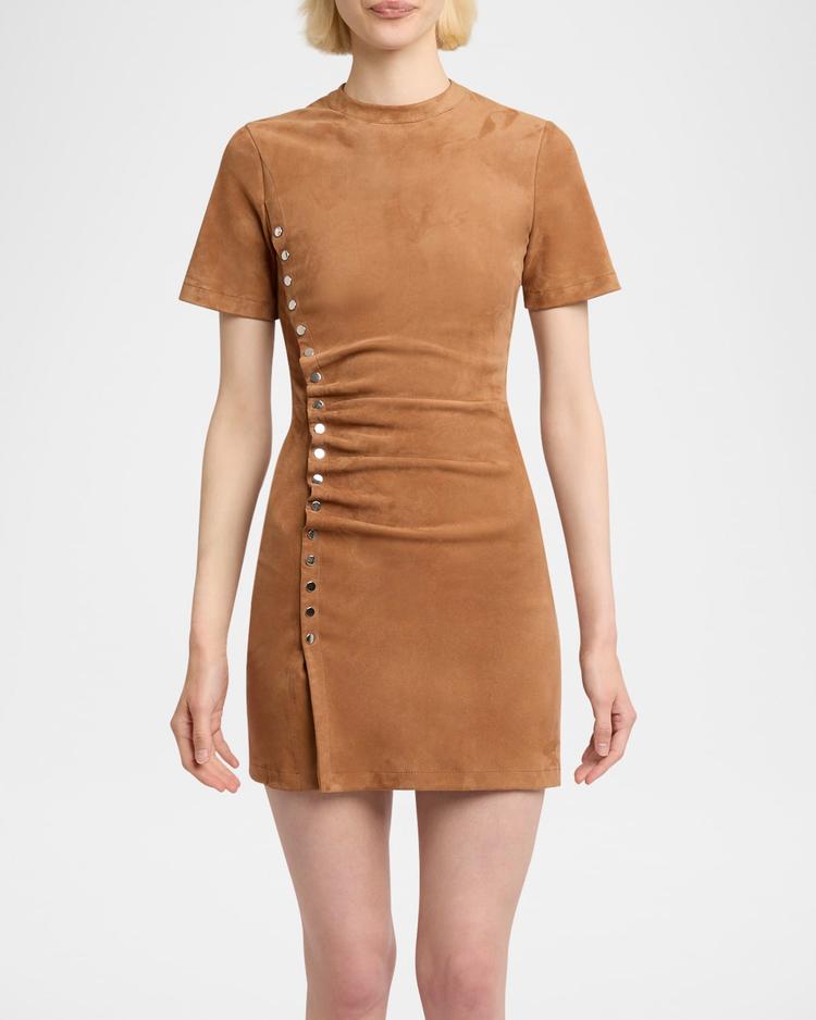 snap-gathered suede mini dress