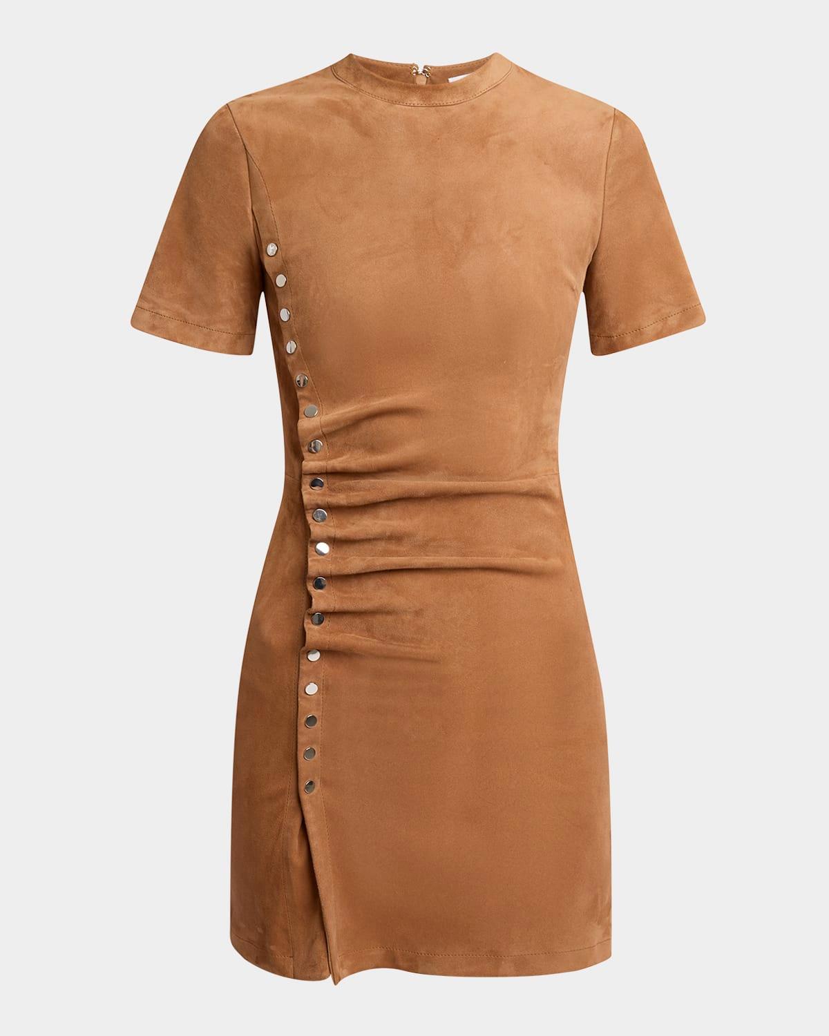 snap-gathered suede mini dress