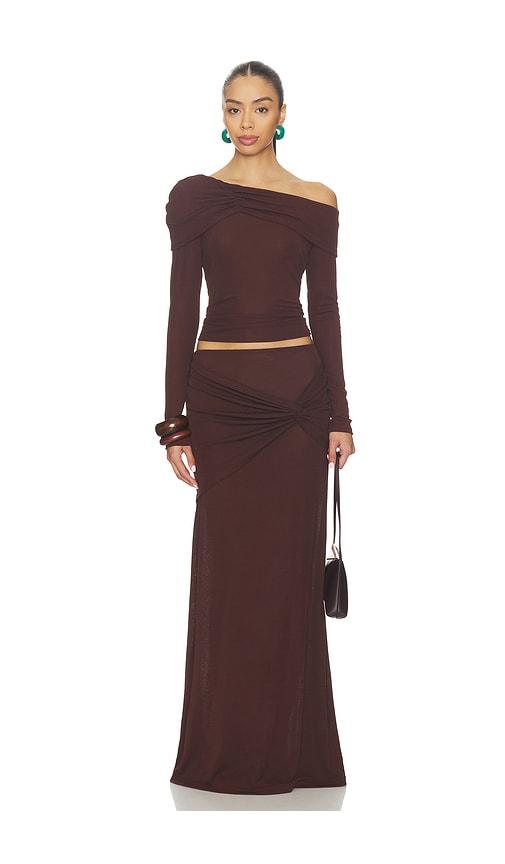 sndys alix one shoulder top in chocolate.