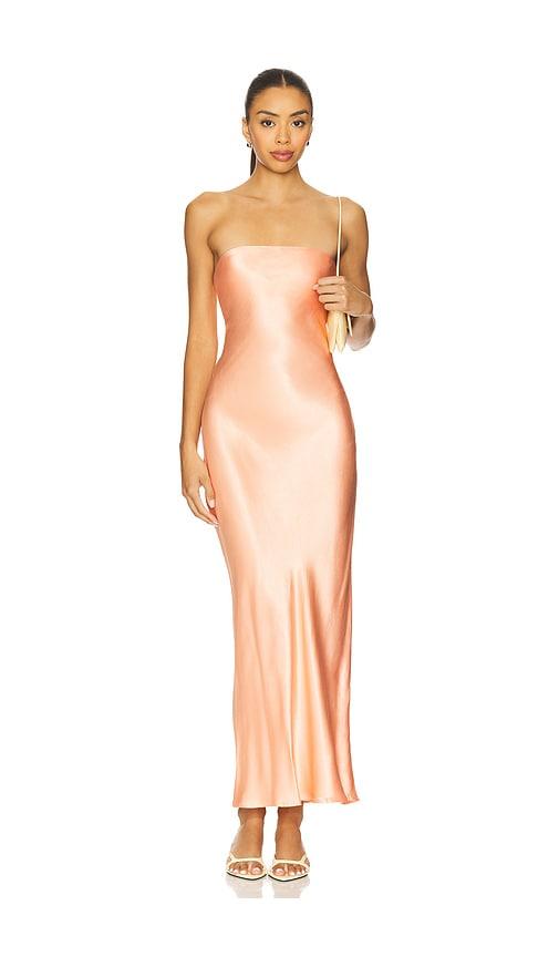 sndys angel strapless midi dress in coral.
