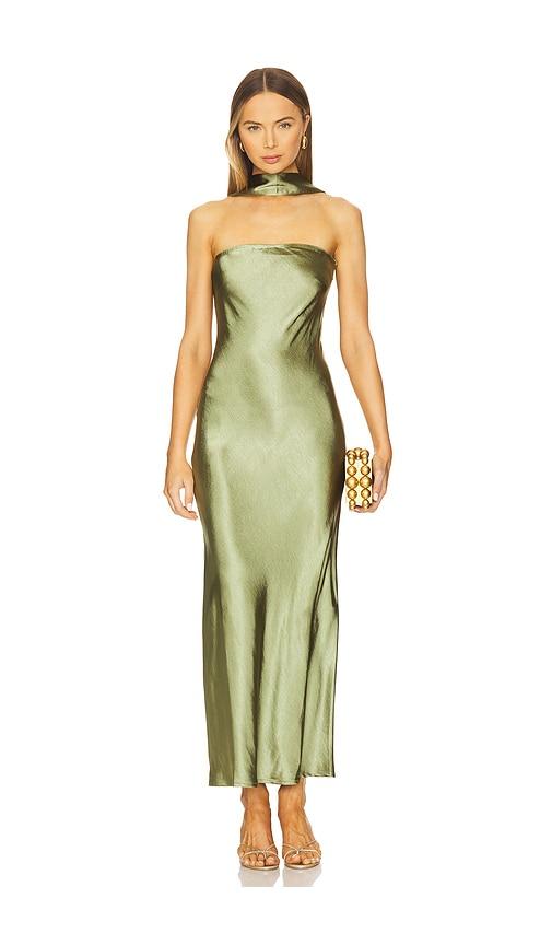 sndys angelina neck tie maxi dress in olive.