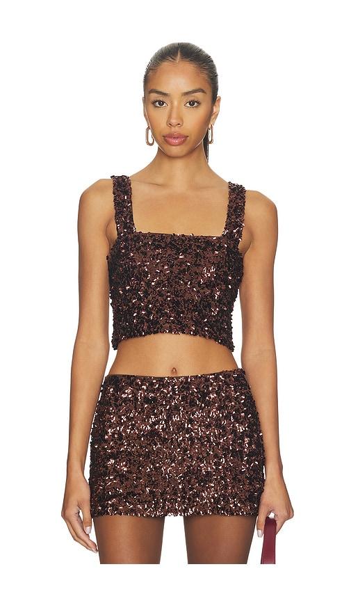 sndys asher sequin crop top in chocolate.