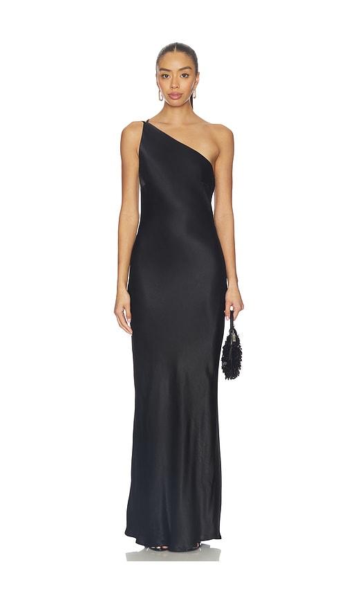 sndys aubrey cowl back maxi dress in black.