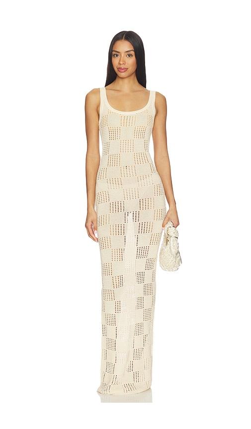 sndys breanna crochet shimmer maxi dress in cream.