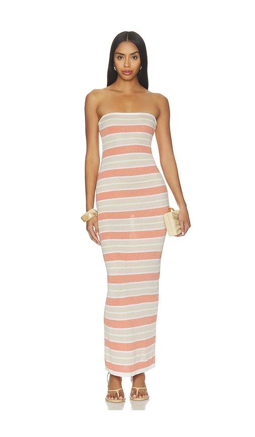 sndys celia shimmer maxi dress in peach.