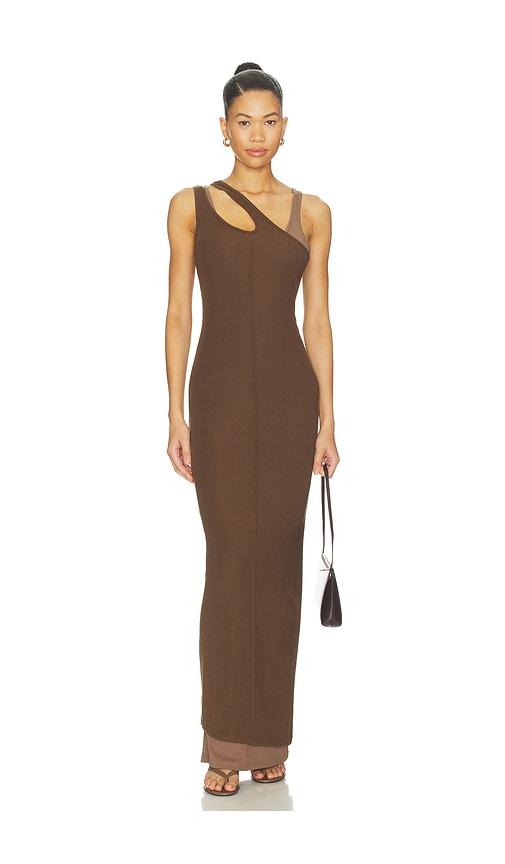 sndys chantara maxi dress in brown.