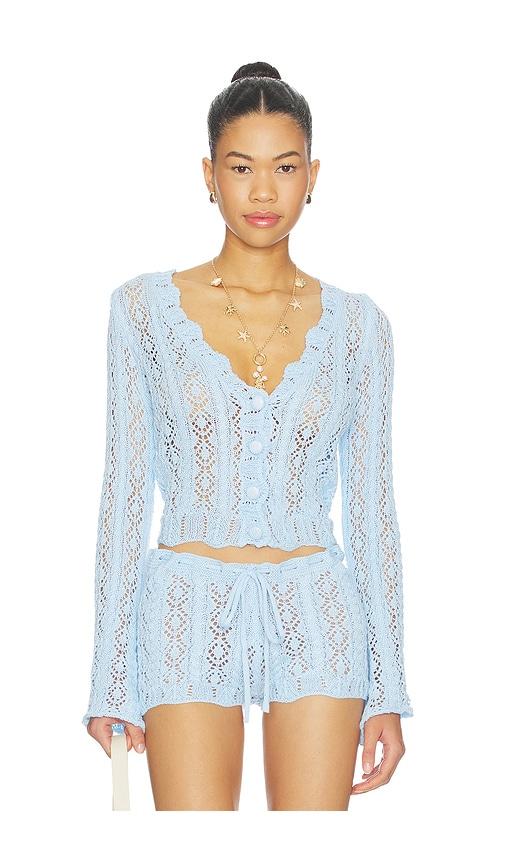 sndys crochet cardigan in baby blue.