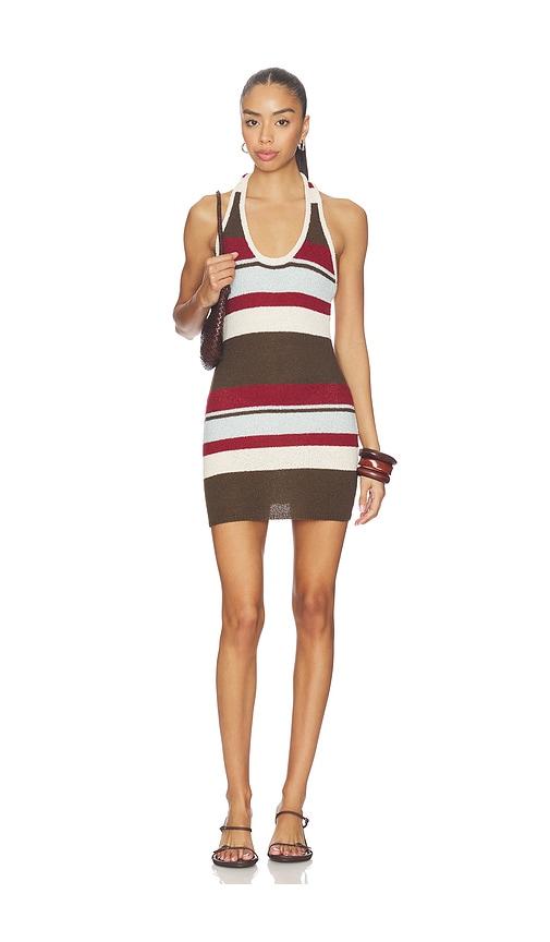 sndys effie halter mini dress in brown.