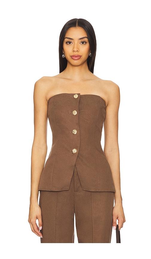 sndys emilie strapless top in brown.