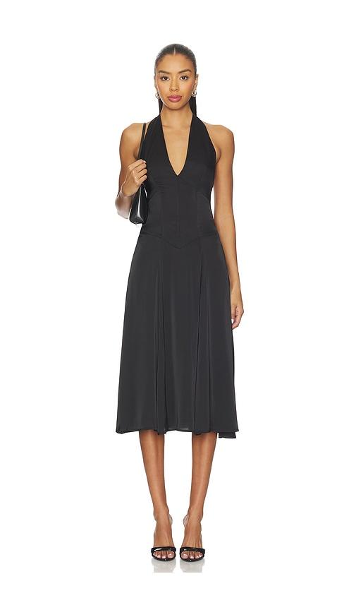 sndys evelyn midi dress in black.