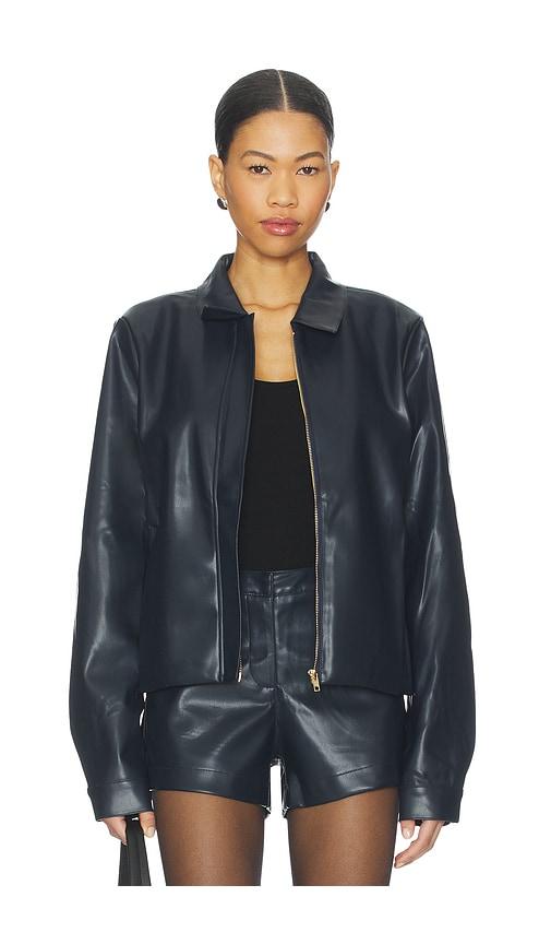 sndys faux benny faux leather jacket in navy.