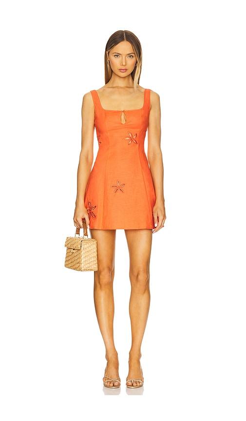 sndys flora mini dress in orange.